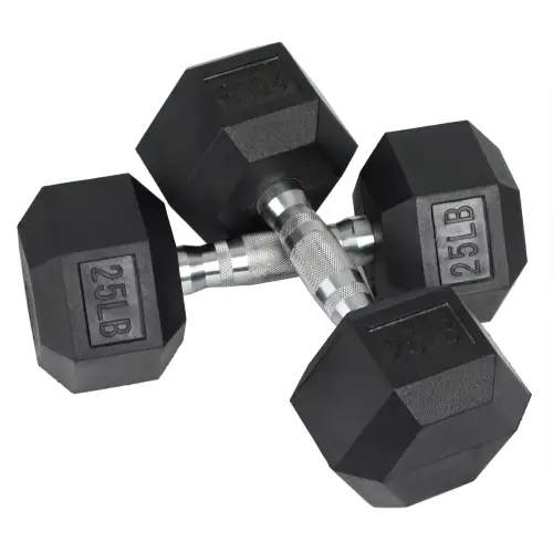 HolaHatha Iron Hexagonal Cast Exercise 25 lb Dumbbell Free Weights with Contoured Textured Grips for Home Exercise and Strength Training, Pair, Black