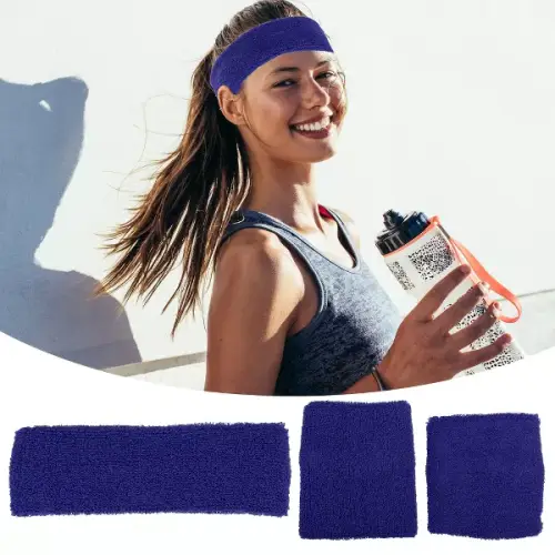 Unique Bargains Stretchy Cotton Blend Sweat Absorbing Sport Headband Wristband Sapphire Blue 3 pcs - 图片 2