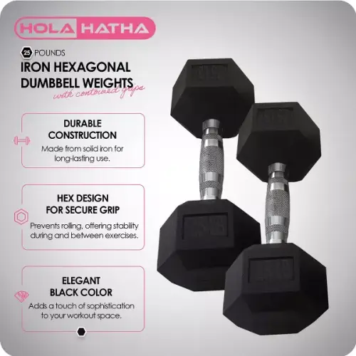 HolaHatha Iron Hexagonal Cast Exercise 25 lb Dumbbell Free Weights with Contoured Textured Grips for Home Exercise and Strength Training, Pair, Black - 图片 2