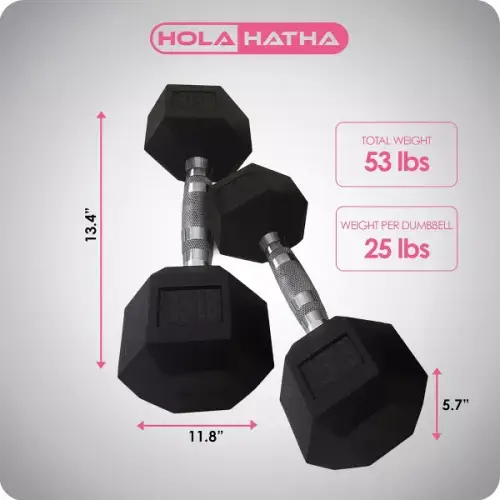 HolaHatha Iron Hexagonal Cast Exercise 25 lb Dumbbell Free Weights with Contoured Textured Grips for Home Exercise and Strength Training, Pair, Black - 图片 3